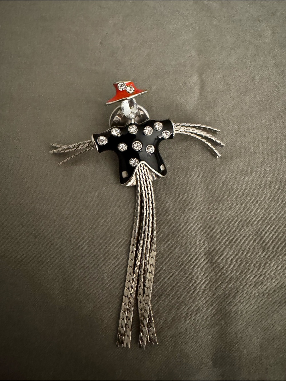 Crystal Accent Black and Red Tassel Scarecrow Brooch - Women's Accessory
